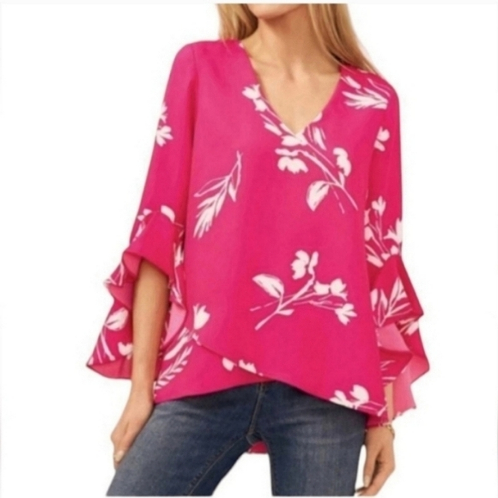 Vince Camuto Floral Whisper Flutter Sleeve Pink & White Blouse